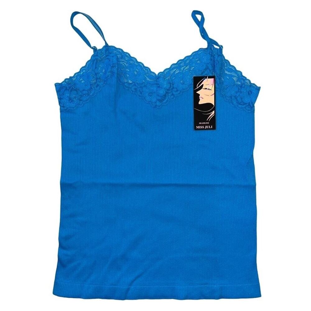 Miss Juli Womens Lace Trim Camisole Cami Blue Seamless Spaghetti Strap Tank Top